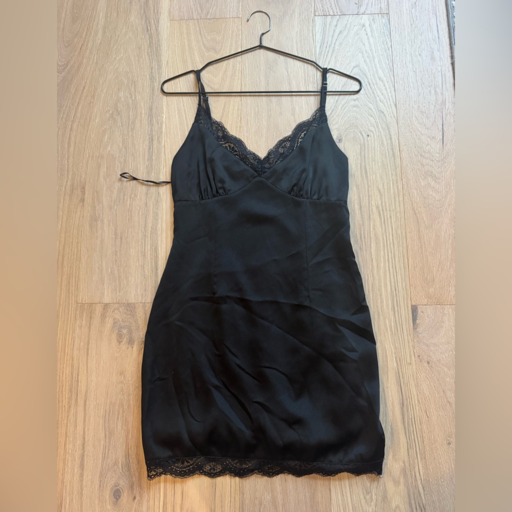 Black Satin Slip Dress with V-Neckline and Spaghetti Straps